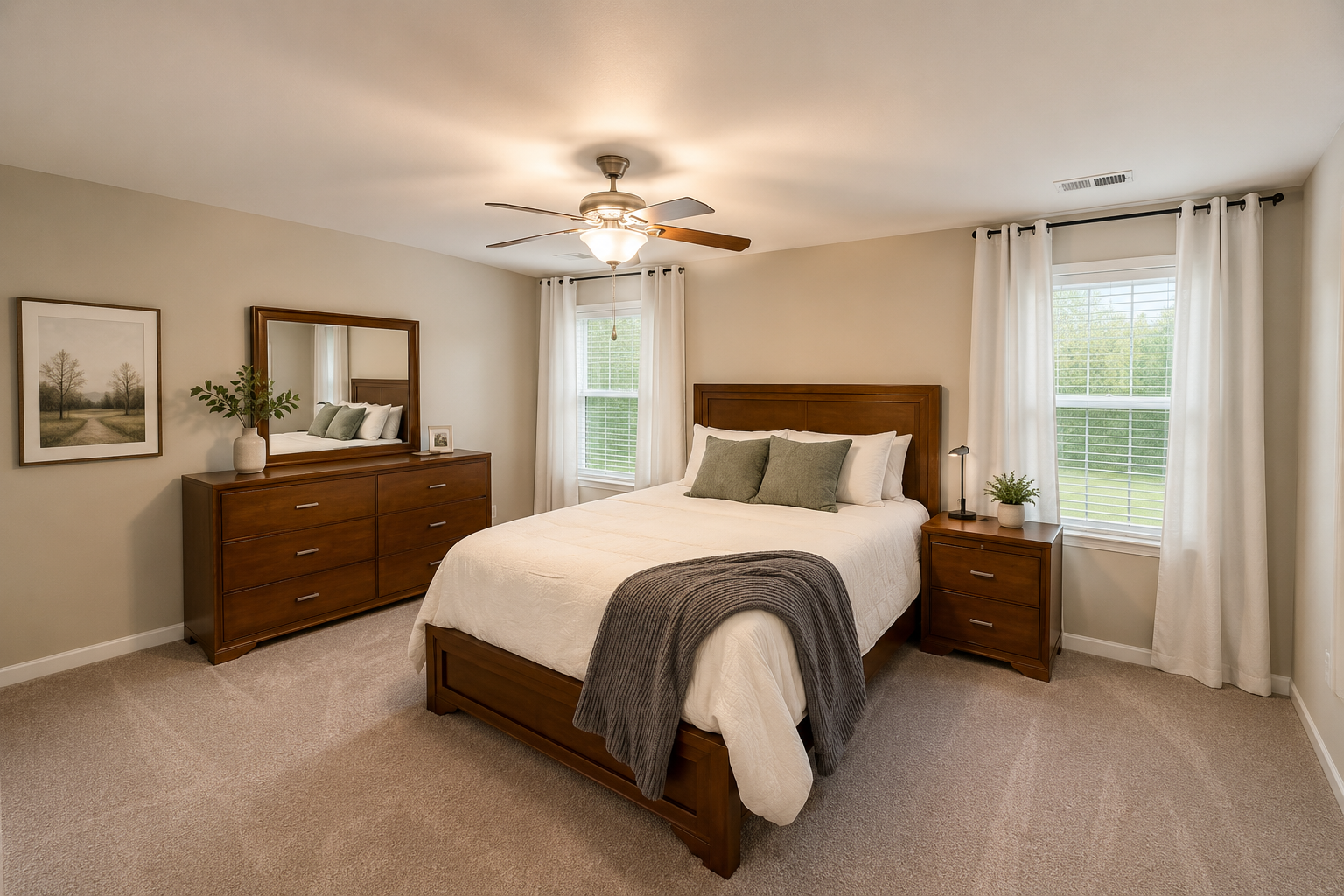 Private bedroom with queen bed and dresser